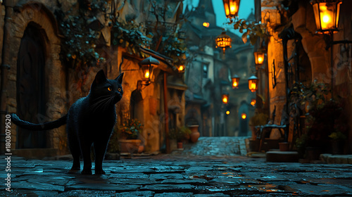 Fototapeta Naklejka Na Ścianę i Meble -  A black cat is standing in front of a building