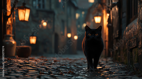 Fototapeta Naklejka Na Ścianę i Meble -  A black cat is walking down a street at night