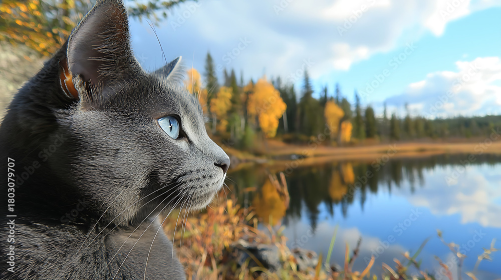 Obraz premium A cat is sitting on the grass by a lake