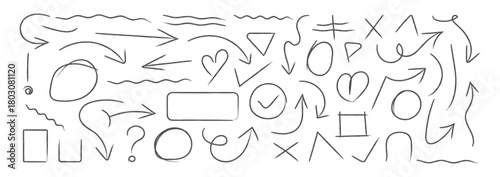 Hand line marker sketch icon set. Hand drawn marker brush stroke  Doodle sketch style arrow, Hearts, checkmarks highlight frame vector elements. Vector illustration