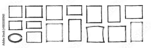 Set of Hand drawn border frame. Geometric shape frame set, Doodle bold brush pencil box, chalk texture square border cartoon paint frame circle, square background design. Vector illustration