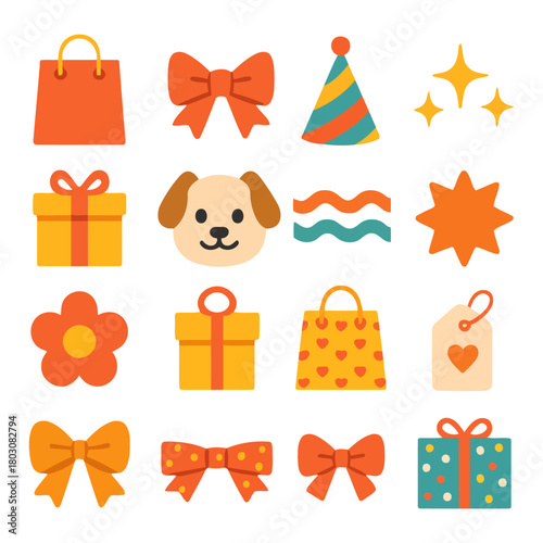 Celebration and Festivity Collection: An array of vibrant and cheerful elements, including gift bags, ribbons, presents, party hat, dog face, and starbursts.