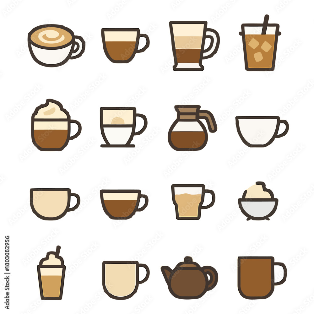 Fototapeta premium Diverse Coffee Collection: An assortment of coffee beverages in a variety of cups, ranging from espresso to latte and more