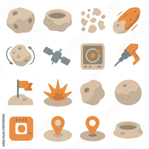 Cosmic Explorations: An array of stylized illustrations unveils the wonders of space exploration, including asteroids, satellites, and impact craters.