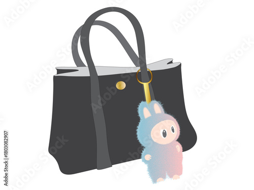 バッグにぬいぐるみ・ぬい活のバックチャーム　ファッションイラストベクター素材　背景透過