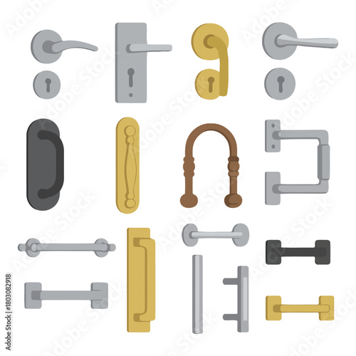 Variety of Door Handle Designs: A collection of various door handles, showcasing a range of styles and materials. Capturing the diverse elements of architectural hardware. 