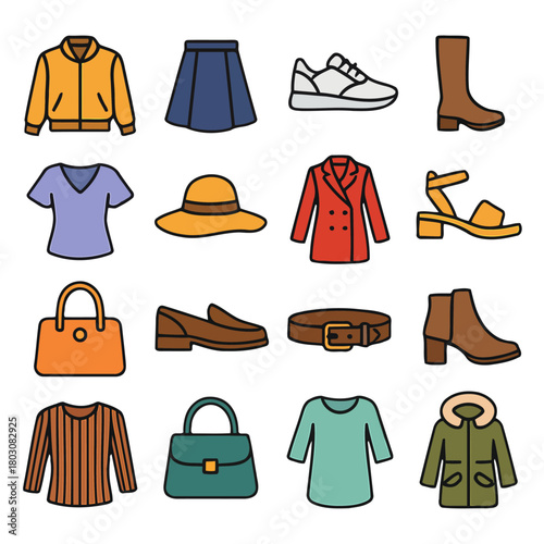 Fashion Icons Array: A diverse collection of modern clothing and accessories icons, arranged in an organized grid. This dynamic assortment features essential items.