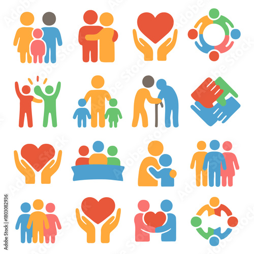 Community Icons: An array of colorful icons illustrates the essence of human connection, portraying themes of togetherness, empathy, and social support.