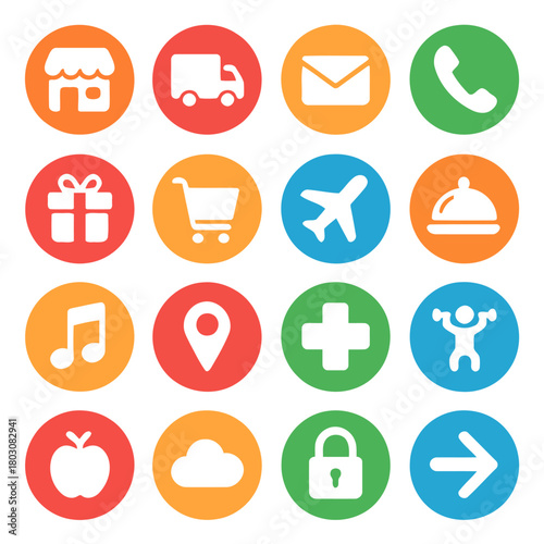 Iconic Circular Design Set: An appealing set of colorful icons in a circular design, each representing various services, utilities, and functions. An attractive collection to provide visual cues