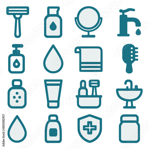 Bathroom Essentials Icon Set: A collection of various bathroom essentials, neatly arranged, representing grooming tools and hygiene products. A simple, clean, and inviting vector illustration