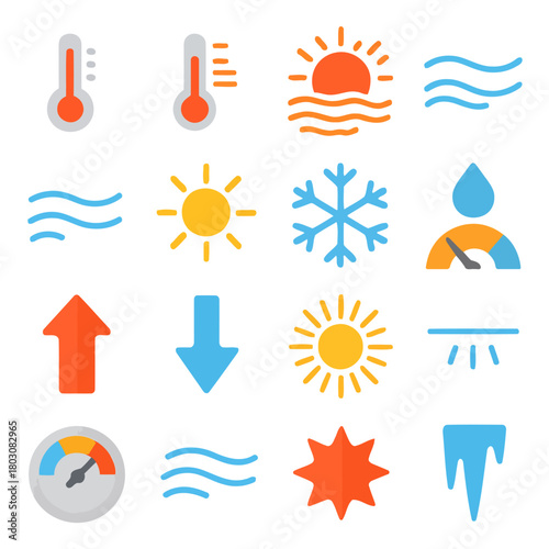 Weather Elements and Climate Change: A visual representation of temperature, sun, wind, and precipitation in a clean, modern aesthetic.