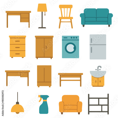 Furnishing Icons: A compilation of home furnishing in a neat illustration, depicting a selection of essential pieces for a well-appointed residence.