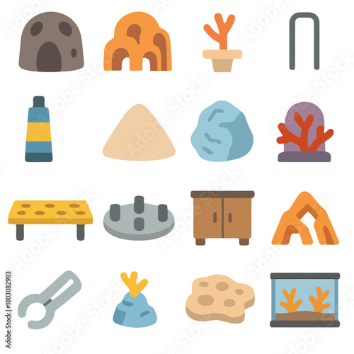 Aquarium Set Icons: A comprehensive collection of colorful, flat-design icons for aquarium setups, representing essential elements of aquatic environments. 