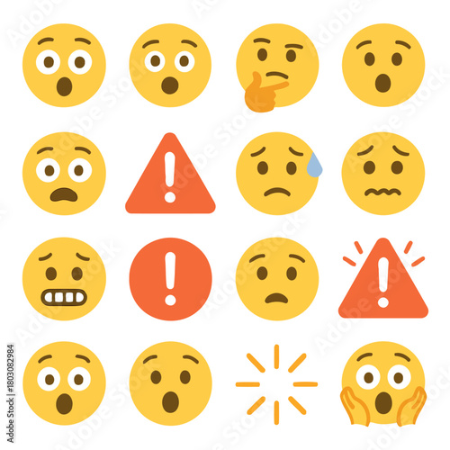 Expression and Notification Elements: A set of emoji icons and warning signals express a range of emotions and convey messages in a modern, engaging style.