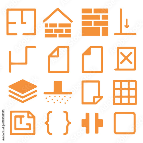 Engineering Elements Icon: A collection of meticulously crafted orange icons representing fundamental engineering design elements. These icons symbolize various aspects.