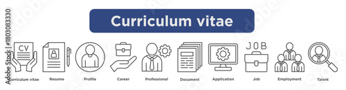 curriculum vitae icon set featuring resume, profile, career, professional skills, documents, job applications, employment, and talent search symbols. vector outline.