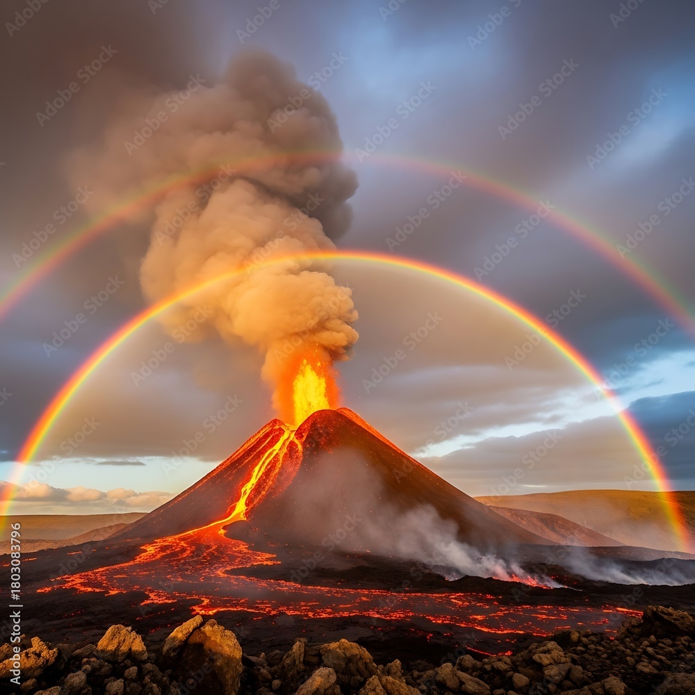 Obraz premium Dramatic Volcanic Eruption with Vibrant Double Rainbow in Iceland.