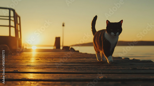 Fototapeta Naklejka Na Ścianę i Meble -  A cat is walking on a dock near the water