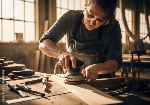Skilled craftsperson carefully finishes a wooden plank using an orbital sander in a workshop environment