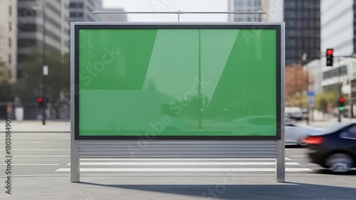 Blank billboard green screen mockup on city street with busy traffic for advertisement.