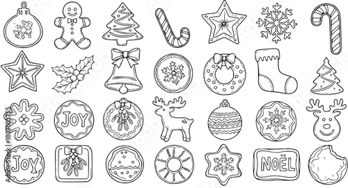 Hand Drawn Christmas Gingerbread Cookies and Festive Biscuits Outline Set. Holiday Winter Dessert Collection Line Art Icons.