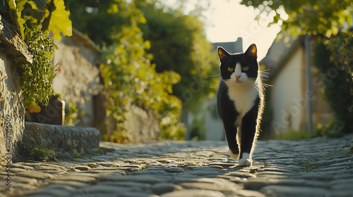 Fototapeta Naklejka Na Ścianę i Meble -  A black and white cat walking on a cobblestone street