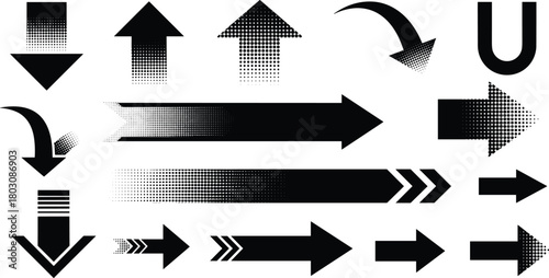 A diverse collection of black vector arrows pointing in multiple directions, featuring various shapes and graphic styles like gradients