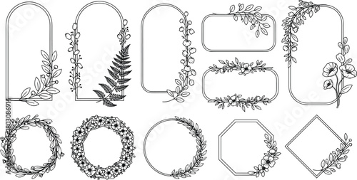 Collection of Decorative Floral and Leafy Frames and Borders in a Hand-Drawn Style