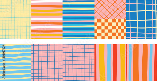 Vibrant and playful seamless patterns in a variety of cheerful color palettes and geometric designs
