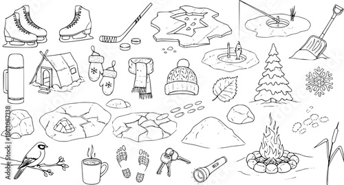 Hand-Drawn Winter Outdoor and Camping Elements Set: Skates, Hockey, Ice Fishing, Campfire, Tent, Thermos, Snow, Nature Doodle Collection