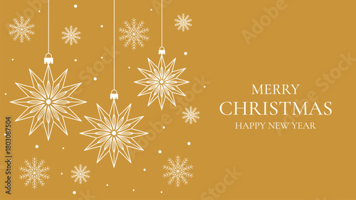 Christmas golden luxury merry background vector, elegant banner template header design, hanging star ornaments, snowflakes, and glow illustration for xmas holiday.