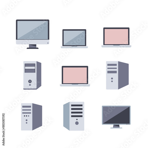 Desktop Computer Set with Monitor, Tower, and Various Screen Layouts
