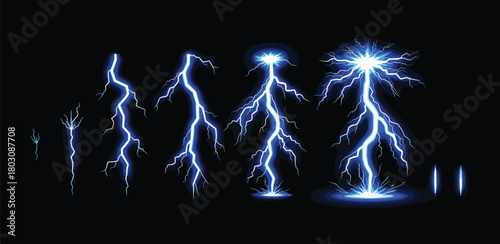 Lightning Bolt Sequence Electric Storm Elements on Black, Energy & Power Illustration