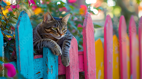 Fototapeta Naklejka Na Ścianę i Meble -  A cat is sitting on a blue and pink fence