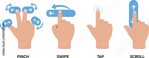 Collection of flat design hand gestures for touch screen interaction, showing pinch, swipe, tap, and scroll for mobile app guides