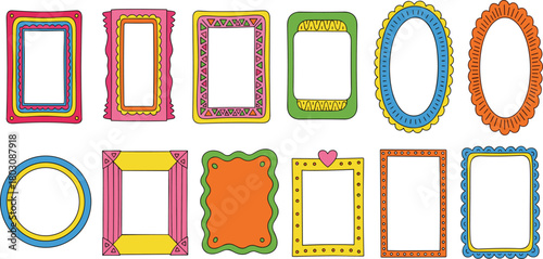 A vibrant collection of whimsical decorative frames, showcasing diverse shapes and playful patterns, perfect for adding colorful, artistic touch to creative projects