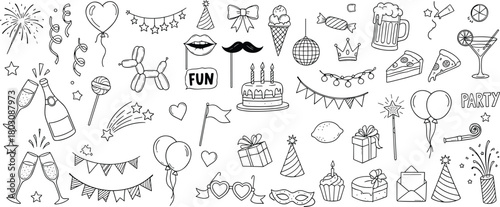 Charming collection of hand-drawn party and celebration doodle icons, perfect for birthdays, festive events, and special occasion graphic designs, symbolizing joy