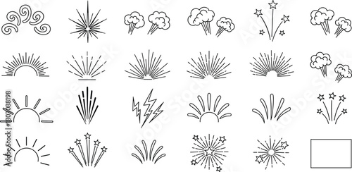 Diverse collection of minimalist line art icons featuring abstract light bursts, sun rays, celebratory fireworks, and energetic lightning bolt graphics for versatile design projects