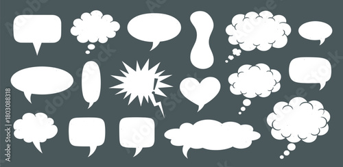Variety of white speech and thought bubbles. Ideal graphic collection for dialogue, ideas, and communication in various design projects, comics, and digital content