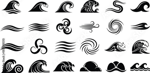 Waves and Ocean Elements Black and White Vector Illustrations for Design Projects