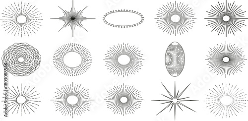 Collection of retro sunburst design elements featuring linear starbursts, radiating light rays, and geometric shapes for vintage style decoration