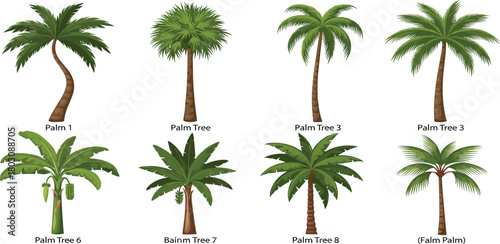 Collection of Various Palm Tree Illustrations Featuring Diverse Shapes and Leaf Styles