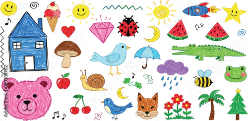 Whimsical Hand-Drawn Icon Set with Houses, Animals, and Nature Elements