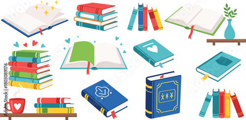 A diverse array of brightly colored books, stacked and open, symbolizing knowledge, education, and the joy of reading, perfect for academic and literary-themed designs