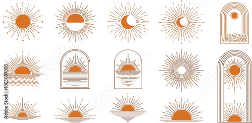 Mystical and spiritual symbols of the sun, moon, and sea. An elegant collection of bohemian line art icons for branding