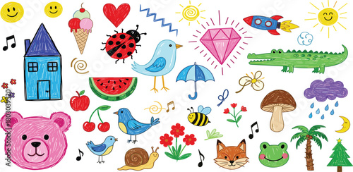 Whimsical Doodle Collection A Colorful Assortment of Hand-Drawn Elements Featuring Animals, Food, and Nature