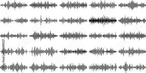 A diverse collection of black audio sound wave patterns on a white background, visualizing music, voice, and frequency signals