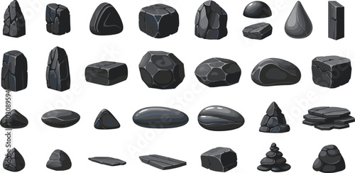 Collection of illustrated dark grey and black rocks. A diverse set of smooth pebbles and angular stones for nature or zen concepts