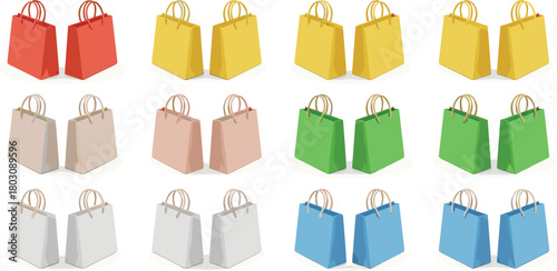 Set of colorful isometric shopping bags. Vector illustration collection of paper gift bags in various colors for retail, sales, and mockup designs