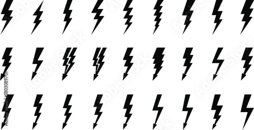 A comprehensive set of 30 black lightning bolt vector icons, showcasing various styles of thunder and flash symbols for energy and power concepts